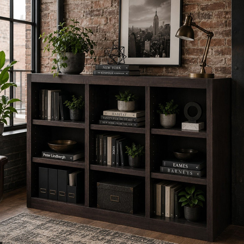 Winston Porter Orient Triple Wide Wood Bookcase, 9 Bookshelf, 36